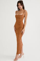 Mocha Rushed Corset Midi Dress